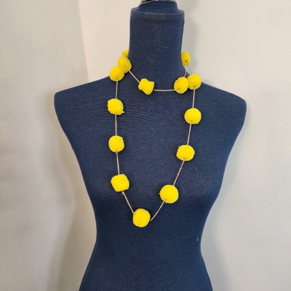 Lemon Yellow Color Pompom on Gold Chain Necklace Earrings Set - Picture 9 of 10